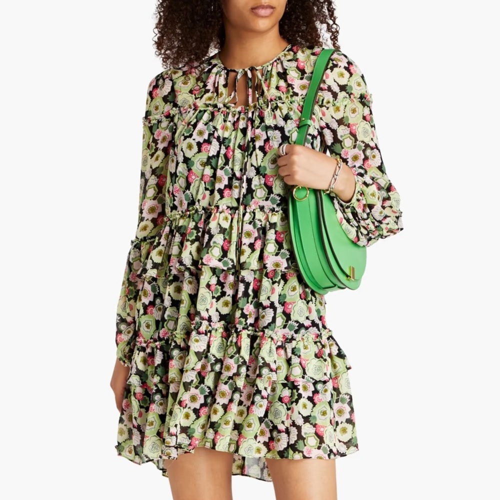 CINQ À SEPT Dita Prickly Pear Floral-Print Tiered Long Sleeve Mini Dress NWT 4